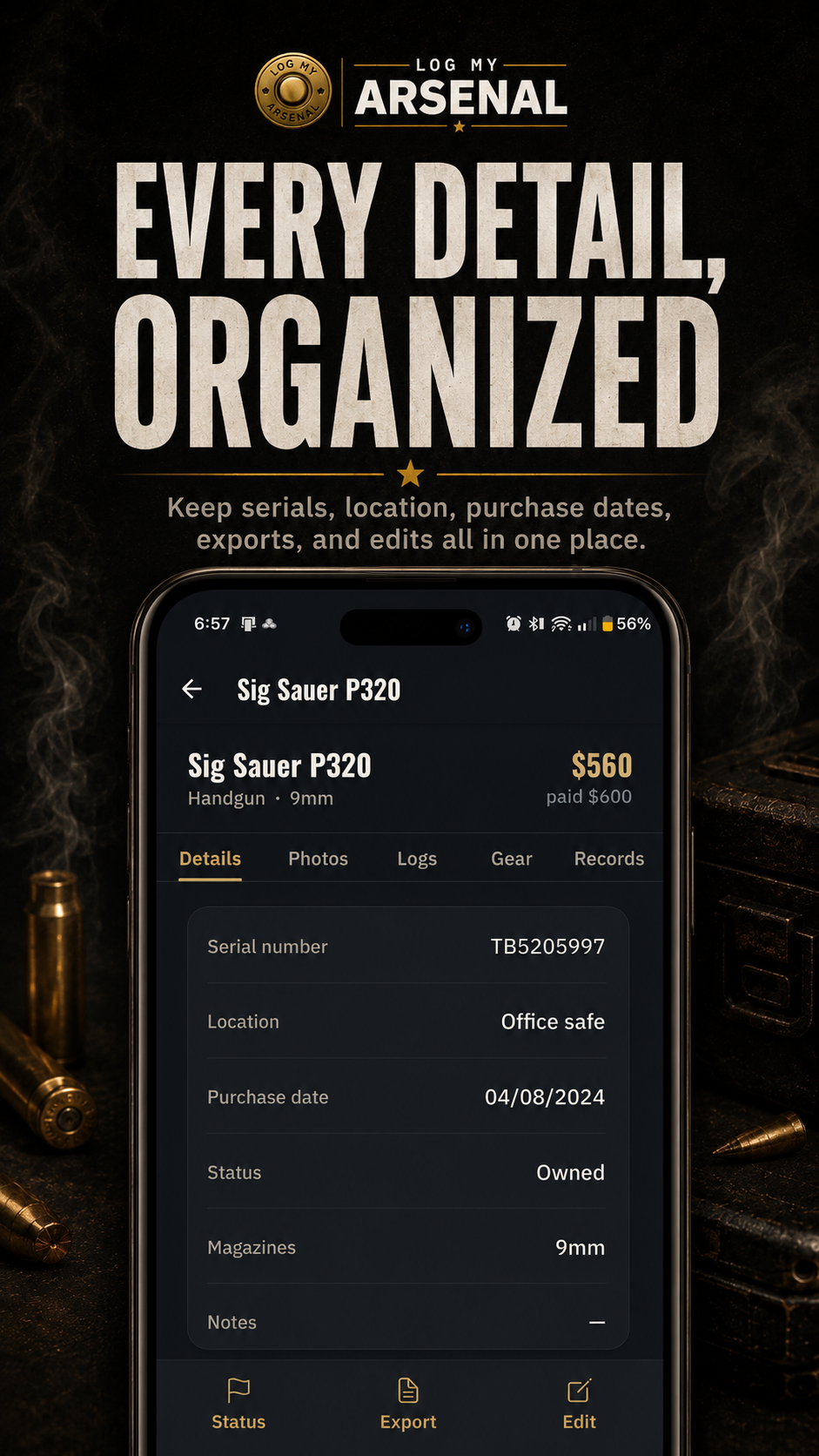 Firearm detail screen in Log My Arsenal